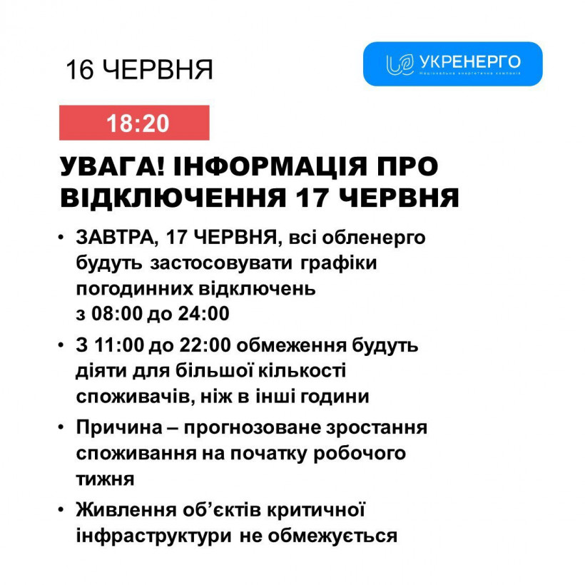 Укренерго оприлюднило інформацію про графіки відключень світла у понеділок