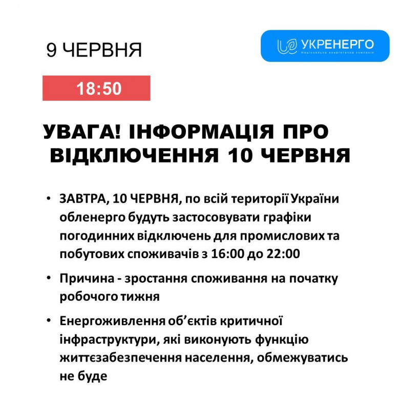Укренерго: у понеділок графіки відключень світла будуть діяти 6 годин
