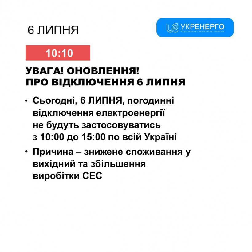 Відключень світла сьогодні не буде до 15 години