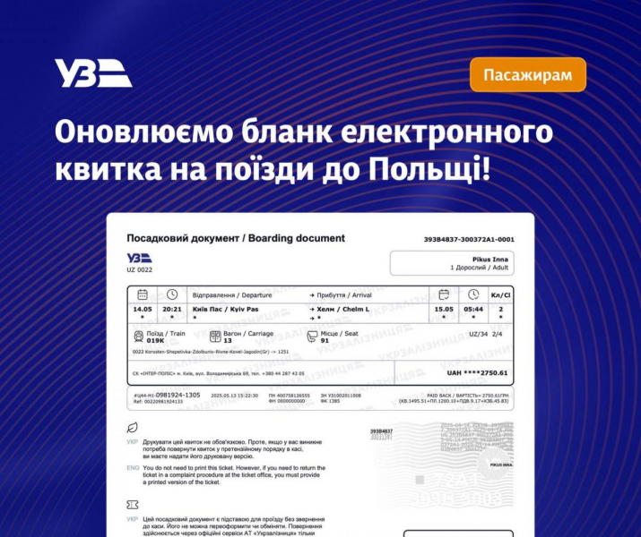 "Укрзалізниця" змінює квитки до Польщі: який вигляд має новий зразок (фото)