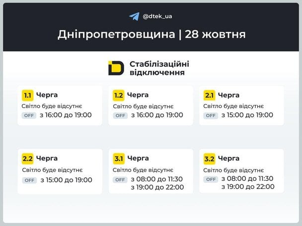 Дніпропетровськ без світла 28 жовтня: повний графік відключень від ДТЕК по районах