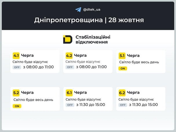 Дніпропетровськ без світла 28 жовтня: повний графік відключень від ДТЕК по районах