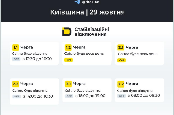 Київ без світла 29 жовтня: перевірте повний графік відключень електроенергії по районах
