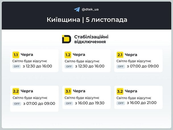 Графік відключень світла 5 листопада у Київській області — ДТЕК планові роботи