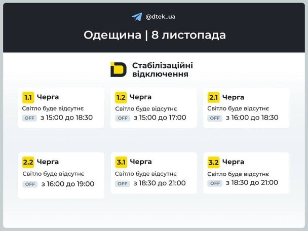 Графіки відключень світла 8 листопада: Київ, область та регіони під обмеженнями