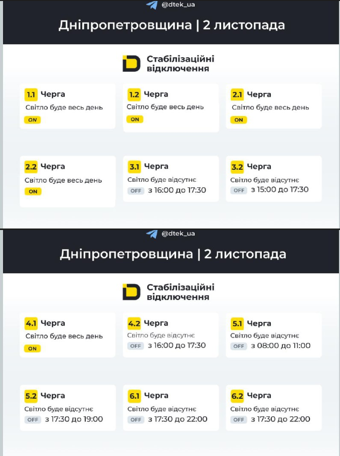 Погодинні відключення світла на Дніпропетровщині 2 листопада 2025 – графік ДТЕК