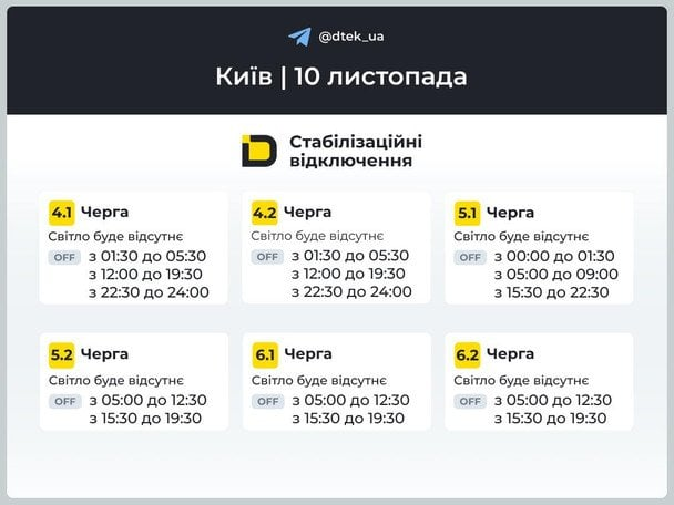 Відключення світла 10 листопада — графіки Київ, область, Дніпро, Одеса