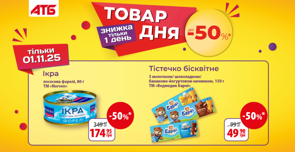 Знижки до 50% в АТБ 1–2 листопада 2025: ікра Norven, “Ведмедик Барні”, President та Duru — дивіться повний список акцій