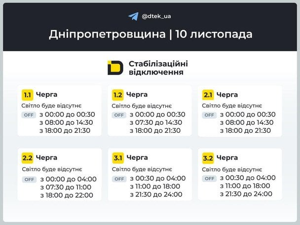 Відключення світла 10 листопада — графіки Київ, область, Дніпро, Одеса