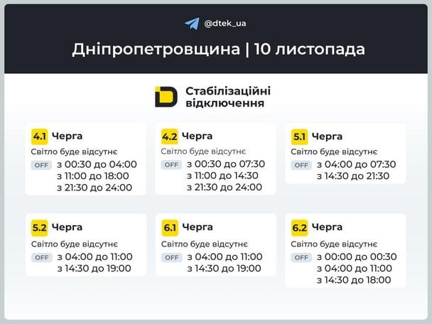 Відключення світла 10 листопада — графіки Київ, область, Дніпро, Одеса