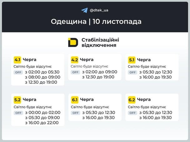 Відключення світла 10 листопада — графіки Київ, область, Дніпро, Одеса