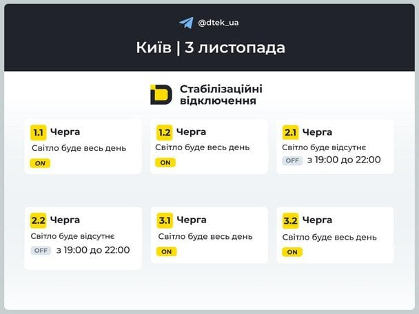Київ без світла 3 листопада — графік стабілізаційних відключень від ДТЕК: коли не буде електрики