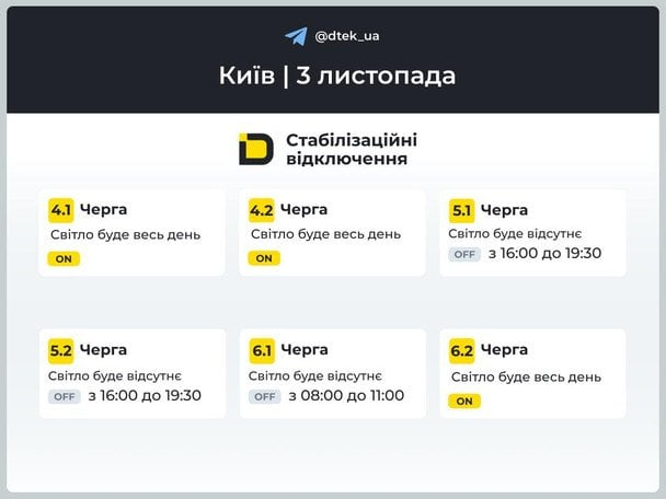 Київ без світла 3 листопада — графік стабілізаційних відключень від ДТЕК: коли не буде електрики