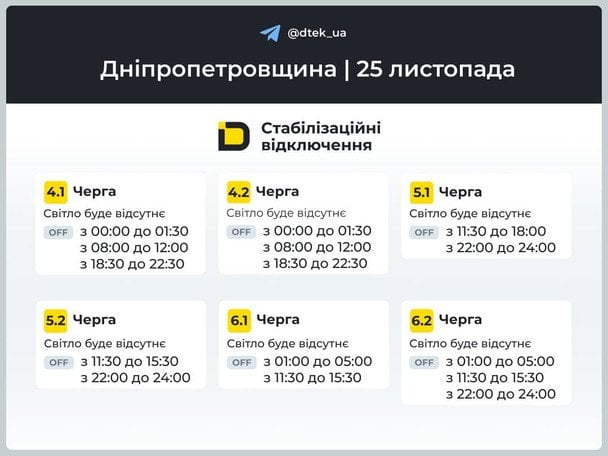 Графіки відключення світла на Дніпропетровщині 25 листопада: оновлений розклад ДТЕК