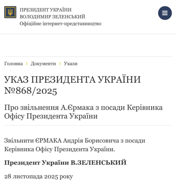 Чому Єрмак написав заяву про відставку 28 листопада після обшуків НАБУ — що відомо та який указ про звільнення підписав Зеленський