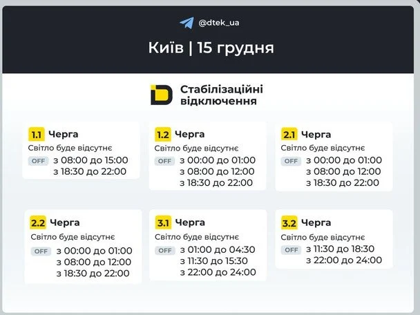 Графіки відключення світла в Києві на 15 грудня: погодинні обмеження та черги
