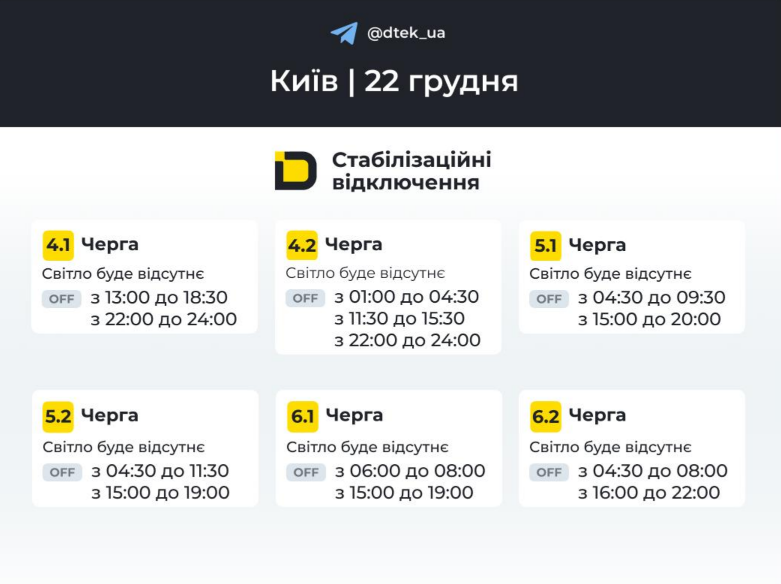 Коли вимикатимуть світло в Києві 22 грудня: повні графіки ДТЕК