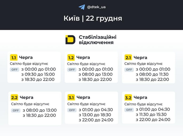 Коли вимикатимуть світло в Києві 22 грудня: повні графіки ДТЕК