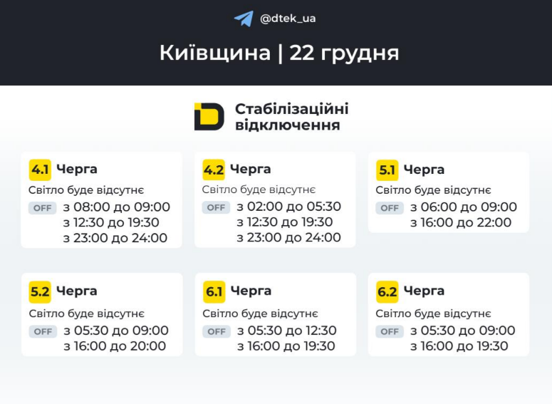 Київщина без світла 22 грудня: ДТЕК оприлюднив графіки відключень