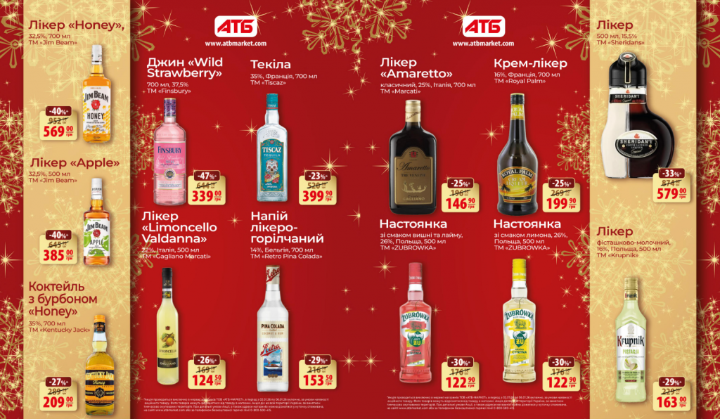 Акції в АТБ з 2 по 6 січня 2026: алкоголь зі знижками до 50% — пиво, вино, лікери, бренді