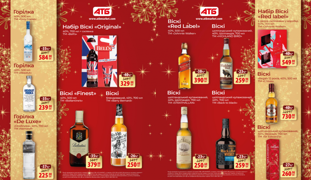 Акції в АТБ з 2 по 6 січня 2026: алкоголь зі знижками до 50% — пиво, вино, лікери, бренді