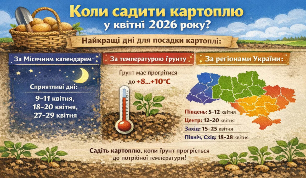 Коли садити картоплю у квітні 2026 року: найкращі дні за місячним календарем, температурою ґрунту та регіонами України