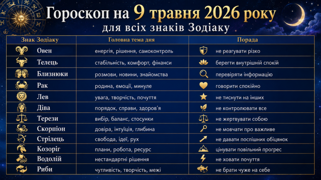 Гороскоп на 9 травня 2026 року для всіх знаків Зодіаку: кому день принесе важливу розмову і новий шанс