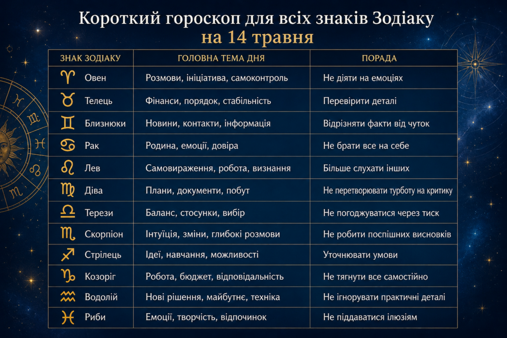 Гороскоп на 14 травня 2026 року: кому день принесе важливі рішення, чесні розмови та шанс усе змінити