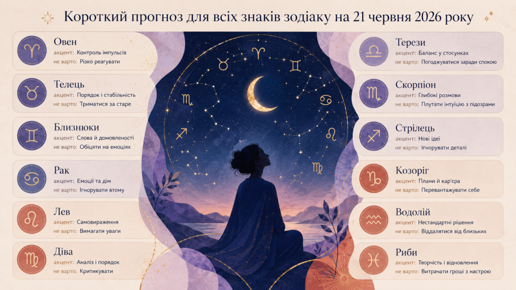 Гороскоп на 21 червня 2026 року: день спокійних рішень, чесних розмов і внутрішнього оновлення