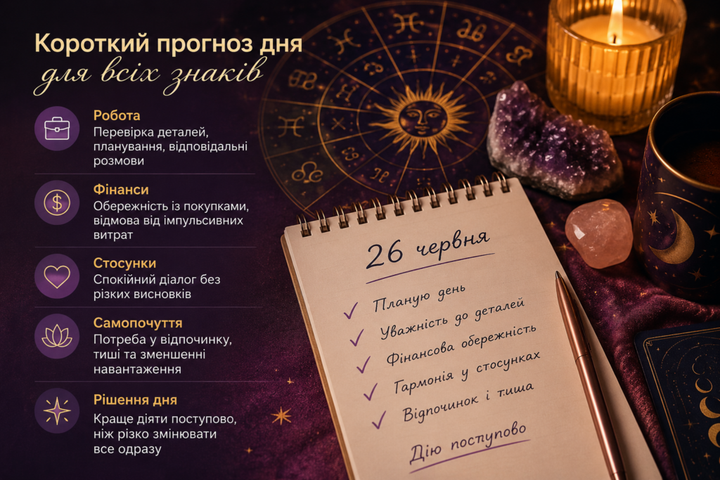 Гороскоп на 26 червня 2026 року: кому день принесе важливі рішення, а кому варто зробити паузу
