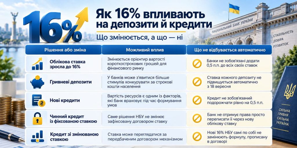 Облікова ставка НБУ зросла до 16%: що зміниться для депозитів і кредитів з 18 вересня